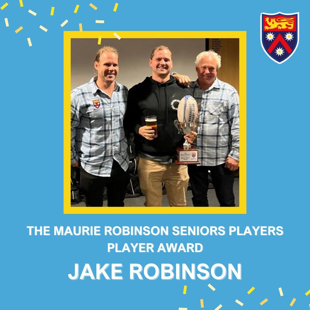 Club graphic announcing the Maurie Robinson Seniors Players' Player Award, showing three men in the clubhouse with the trophy and a beer.